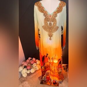 Soft Surroundings Sunset Desert Camel Print Beaded Silk Maxi Kaftan Dress